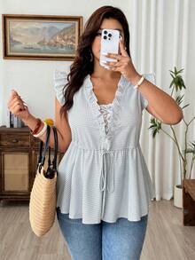 Weeklong Plus Size Plaid Ruffle V-Neck Contrast Lace Trim 2 In 1 Blouse, Brown, Summer, Elegant, Tea Party Gym Drawstring Waist Loose Flowy Countryside Top - Black and White - View 8