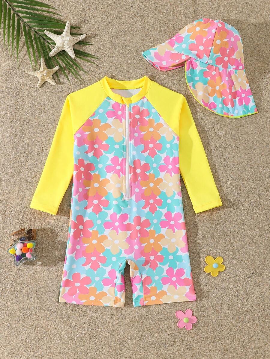 Setelan Baju Renang 2 Potong untuk Anak Perempuan, Motif Bunga Warna-warni, Lengan Panjang, Pelindung Ruam Kulit, dan Celana Pendek, Dilengkapi Tudung Lucu, Cocok untuk Berenang dan Liburan Musim Panas - Kuning - View 1