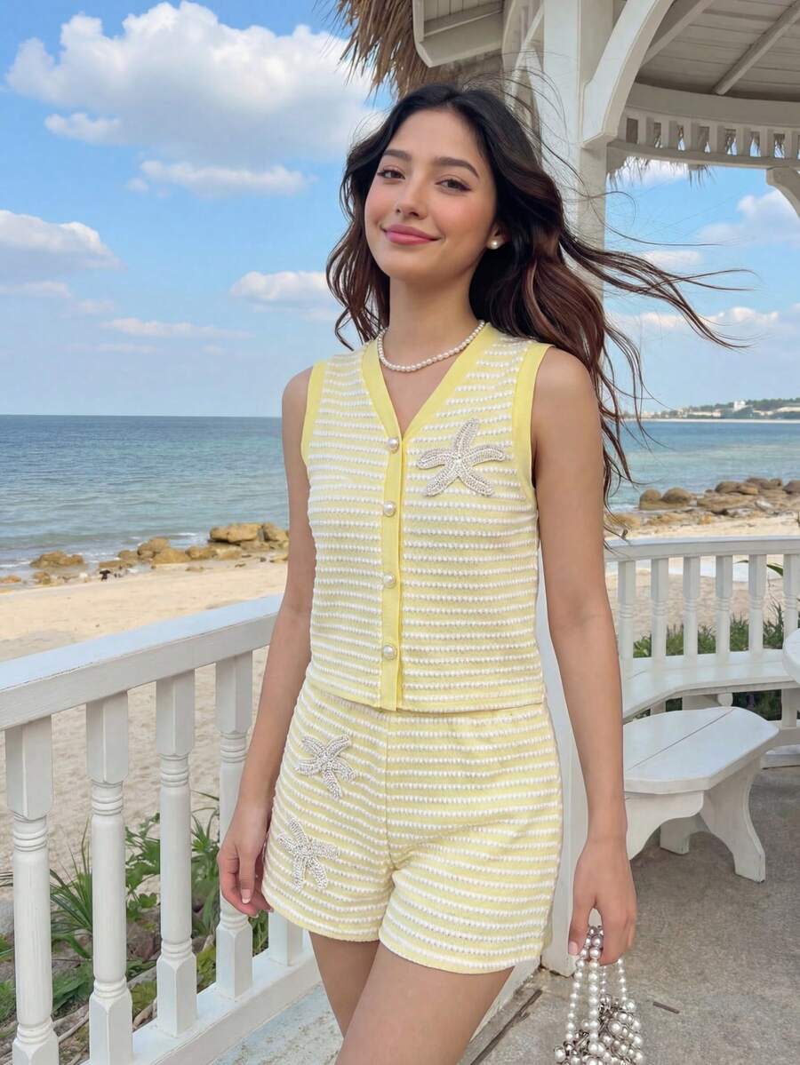 SHEIN 青少年女孩可愛綠色與白色2件套,夏季海灘度假假期條紋蝴蝶結吊帶背心與短褲休閒套裝,度假穿搭套裝 - 彩色 - 查看 1