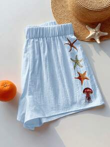 Comfortcana 2026 Primavera/Verano Pantalones cortos de mujer 100% algodón azul con estampado de estrellas de mar, adecuados para invierno, Pascua, fiesta, playa, boda, graduación, elegante, casual, vacaciones, deportes, formal, estilo Y2K, negocios, decorados con lentejuelas, flecos, volantes, flores, estampados y estrellas de mar - Azul - Ver 5