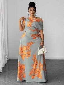 SHEIN CURVE+ Vestido casual de vacaciones con estampado floral, cintura fruncida y abertura en el hombro para tallas grandes - Multicolor - Ver 6