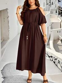 Ceyna Đầm maxi dài dáng rộng màu trơn dệt kim cổ tròn trễ vai tay lửng thắt eo dành cho nữ cỡ lớn, kiểu dáng thanh lịch cổ điển, thích hợp cho kỳ nghỉ hè/mùa xuân. - Cà phê nâu - Xem 1