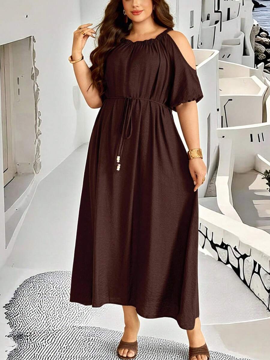Ceyna Đầm maxi dài dáng rộng màu trơn dệt kim cổ tròn trễ vai tay lửng thắt eo dành cho nữ cỡ lớn, kiểu dáng thanh lịch cổ điển, thích hợp cho kỳ nghỉ hè/mùa xuân. - Cà phê nâu - Xem 1