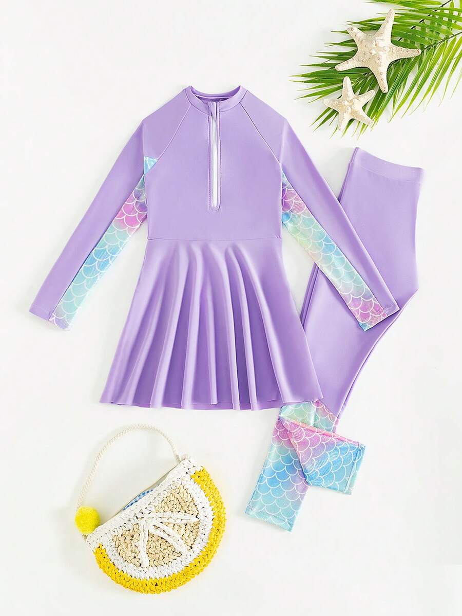 Conjunto de dos piezas de traje de baño para niña con protección solar de manga larga, estampado degradiado de escamas de pez y tirantes - Púrpura malva - Ver 1