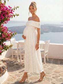 Loomaby Vestido minimalista de uso diario con hombros descubiertos, de unicolor y con aplicaciones de encaje para embarazadas - Caqui - Ver 5