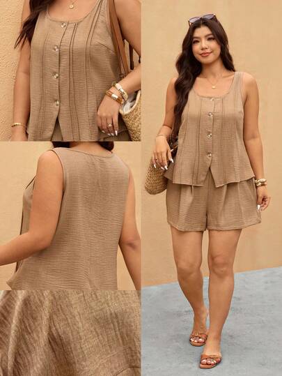 Elaquor Plus Size Casual Solid Color Front Button Sleeveless Top And Shorts 2 Piece Set Casual Vacation Sets For Women Brown Outfit Sets For Women