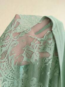 Elaquor Plus Size Summer Casual Solid Color Lace Patchwork T-Shirt - Mint Green - View 7