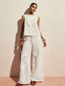 Poéselle Women's White Floral Floral Embroidered Sleeveless Tank Top,3D Flower Appliqué Loose Blouse For Summer,Tropical Vacation,Holiday,Beach Vacation - White - View 5