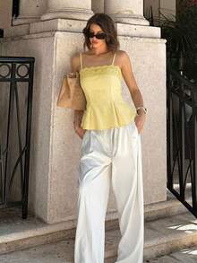 Women's Solid Color Pleated Casual Versatile Date Night Camisole Top - Yellow - View 8