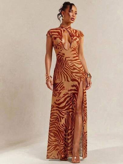 Hauture Abstract Floral Animal Print Lace Mesh Dress
