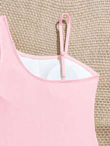 SHEIN Áo tắm liền thân cổ bất đối xứng trang trí mặt dây chuyền dành cho bé gái tuổi teen - Màu Hồng baby - Xem 5