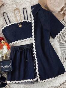 GlowEve Bộ 3 món gồm áo hai dây và quần short denim dành cho nữ, có viền ruy băng. - Rửa tối - Xem 2