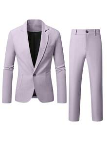 Manfinity Mode Men's Light Purple Lapel Collar Casual Suit Set, Spring/Summer Formal, Ceremony - Mauve Purple - View 3