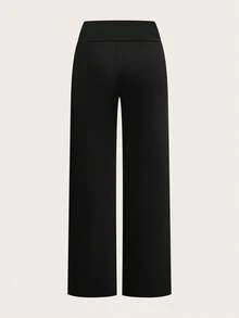 SHEIN EZwear 女款休閒高腰摺疊寬腿直筒長褲，春夏秋冬日常健身運動穿搭，黑色卡其色 - 彩色 - 查看 4