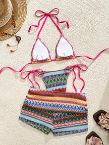 SHEIN Swim 夏季新款复古纹理面料沙滩性感露背系带高衩三角杯短裤浪漫假日比基尼泳装套装（女士款） - 彩色 - 查看 4