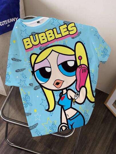THE POWERPUFF GIRLS X SHEIN Áo thun nữ tay ngắn cổ tròn, thời trang, đa năng -