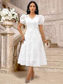 SHEIN Lady Đầm tay cánh hoa thanh lịch dành cho nữ, thích hợp cho mùa hè. - trắng - Xem 7