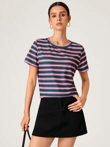SHEIN BASICS 女款圓領短袖休閒基礎夏季T恤，適合女性高爾夫運動 - 彩色 - 查看 6