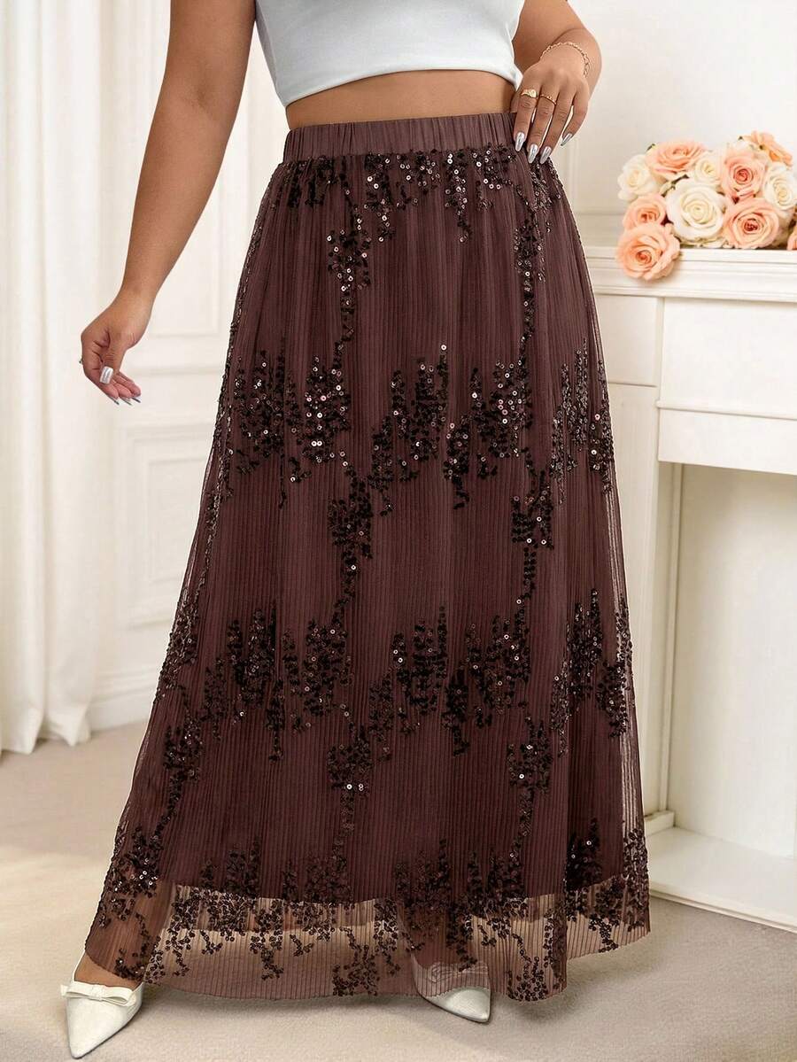 Reflora Plus Size Women's Elegant Contrast Mesh Sequin Embroidery Elastic Waist Skirt , Winter, Elegant, Formal Graduation Birthday