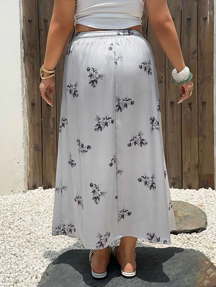 Dazy Plus Ditsy Floral Drawstring Tie Waist A-Line Maxi Skirt, Elegant Plus Size For Spring/Summer