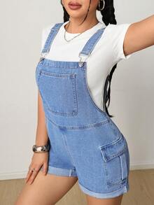 Quần yếm ngắn denim cargo màu xanh nhạt dành cho nữ SHEIN PETITE, trang phục thường ngày và thoải mái mùa hè. - Rửa trung bình - Xem 2