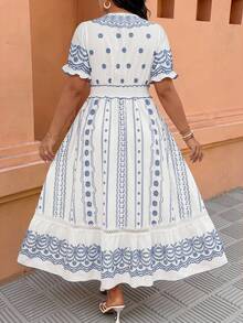 Ceyna Plus Size Women's Casual Elegant Floral Print V-Neck Short Sleeve Dress Bohemian Zanzea Dress For Woman - Blue and White - View 2