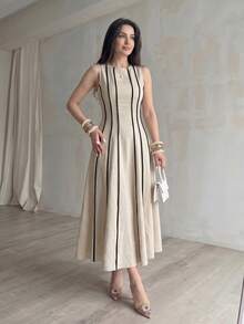 Modelyn Đầm midi dáng chữ A không tay màu mơ dệt kim, thắt eo, phối màu, dành cho nữ, thanh lịch và lãng mạn, thích hợp cho mùa xuân/hè. - Màu be - Xem 7