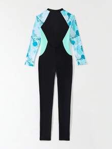 SHEIN Áo tắm liền thân tay raglan in họa tiết hoa nhiệt đới cho bé gái, khóa kéo phía trước, thích hợp cho hoạt động lướt sóng/thể thao mùa hè, bãi biển, hồ bơi và kỳ nghỉ. - Nhiều màu - Xem 2