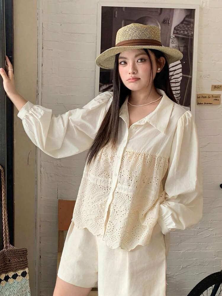 Dazy Plus Patchwork Embroidered Textured Fabric Lantern Sleeve Collared Short Casual Vacation Summer Top, Plus Size Casual Spring/Summer Blouse For Women
