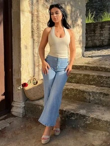 Vassilux 女款彩色印花掛脖背心/海灘罩衫/可愛短版上衣，夏季/圖案T恤女款/不對稱上衣/短版上衣/節慶/可愛休閒 - 杏色 - 查看 6