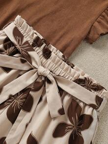 SHEIN LUNE Bộ đồ 2 mảnh cỡ lớn: Áo cổ tròn màu trơn và quần short thắt lưng in hoa. - Màu Khaki - Xem 11