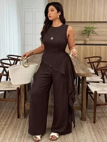 Weeklong Plus Size Women Spring/Summer Round Neck Waist Cinched Asymmetric Hem Ruffle Casual Suit - Brown - View 5