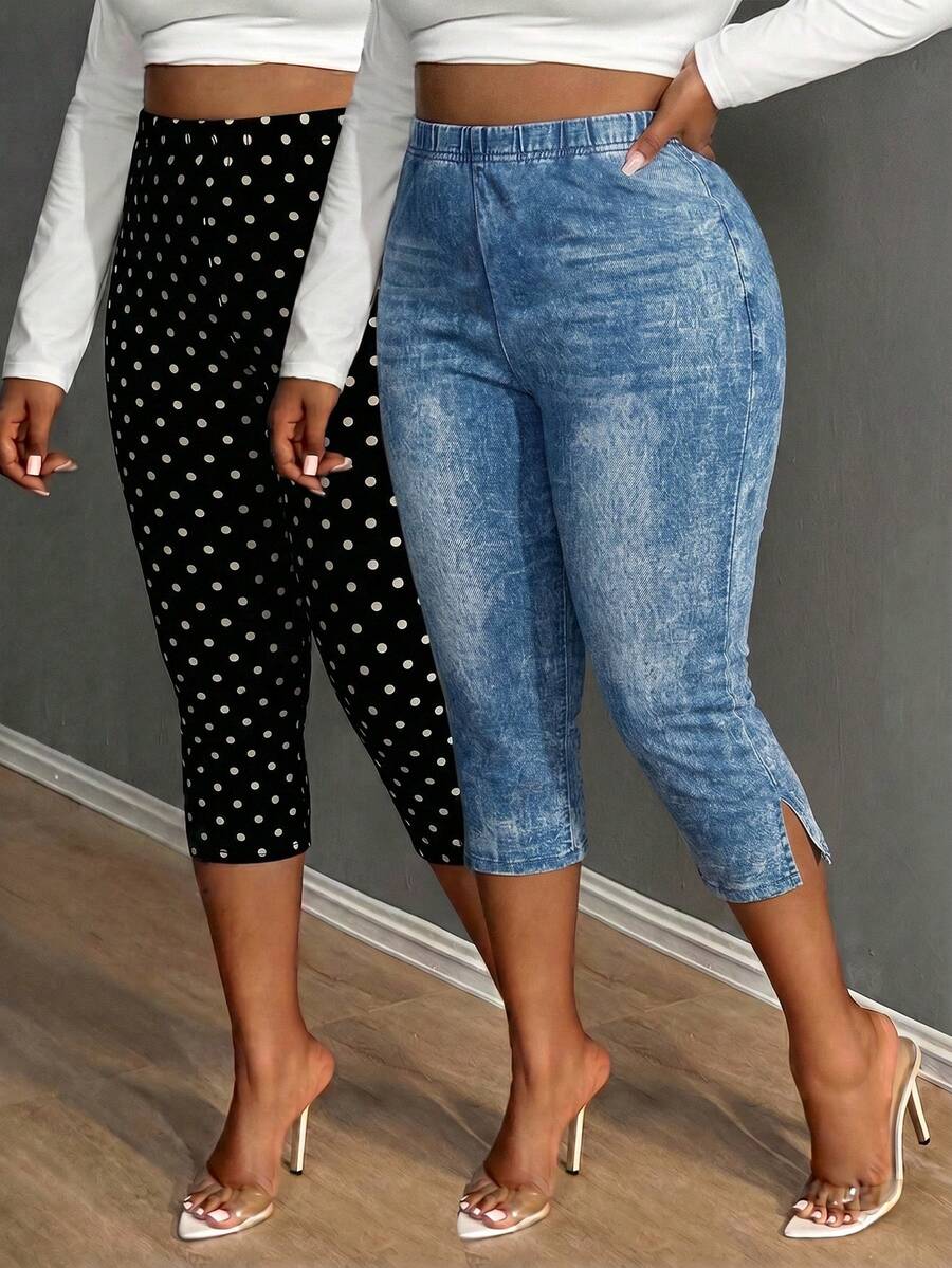 SHEIN SXY 2件套加大码纹理波点打底裤套装 - 彩色 - 查看 1