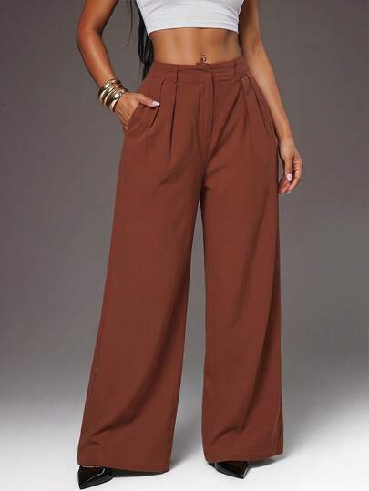 Radiana Women's Summer Minimalist Fashion Coffee Brown Loose Wide Leg Suit Pants, Commuting Pants, Brown Wide Leg Pants, High Waist Wide Leg Pants, Brown Suit Pants, Brown High Waist Pants, Trousers, Office Casual Pants