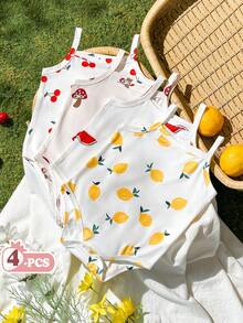 SHEIN Vintaside Kids 4pcs/Set Baju Terusan Bayi Perempuan Baru Lahir, Putih, Musim Panas, Lucu, Seragam Keluarga, Motif Semangka, Lemon, Jamur, Ceri, Gaya Pedesaan, Pakaian Lembut - MultiWarna - View 4