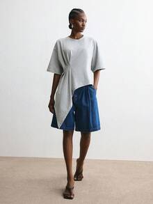 ATUI Studio 简约现代灰色圆领不对称褶皱七分袖T恤，欧美风宽松飘逸不规则下摆褶皱细节上衣，夏季通勤休闲百搭显瘦落肩独特设计高端针织T恤，女士 - 灰色 - 查看 5