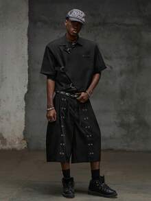 NEON BLANC Men's Summer Street Metal Eyelet Pleated Shorts - Black - View 6