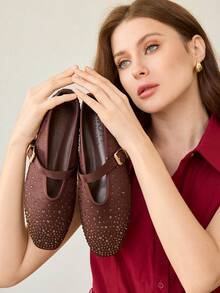 MOTF PREMIUM WOMEN'S COMMUTING CASUAL COMFORTABLE VERSATILE MARY JANE SQUARE TOE DIAMOND FLAT SHOES FOR CHRISTMAS - Coffee satin - View 2