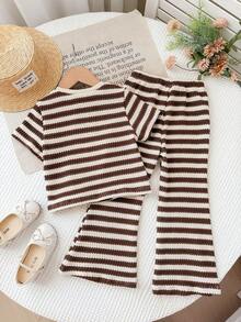 SHEIN Young Girl Striped Print Round Neck Short Sleeve T-Shirt And Pants Casual Set - Multicolor - View 2
