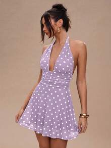 SHEIN BAE 女士波点露背迷你连衣裙 - 淡紫色 - 查看 6