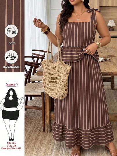 SHEIN CURVE+ Bộ đồ hai mảnh kẻ sọc nâu cỡ lớn dành cho nữ, áo không tay và quần ống rộng, trang phục thường ngày thoải mái. Bộ đồ hai mảnh kẻ sọc, bộ đồ hai mảnh váy maxi, bộ đồ hai mảnh kín đáo dành cho nữ, váy maxi xếp ly, bộ đồ thanh lịch mùa xuân/hè dành cho nữ, bộ đồ đi nghỉ mát thoải mái dành cho nữ, trang phục mùa hè.