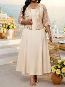 Fleurora 2pcs Plus Size Sequin Decor Short Sleeve Jacket Cream Floral Dress Set Wedding Dinner Special Occasion Summer Elegant - Pink - View 6