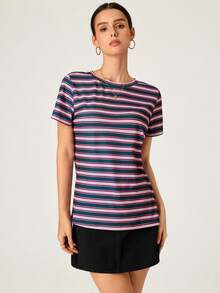 SHEIN BASICS 女款圓領短袖休閒基礎夏季T恤，適合女性高爾夫運動 - 彩色 - 查看 3