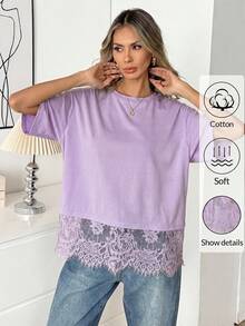 Easowa Black Short Sleeve Round Neck Lace Hem Loose T-Shirt For Women - Mauve Purple - View 2