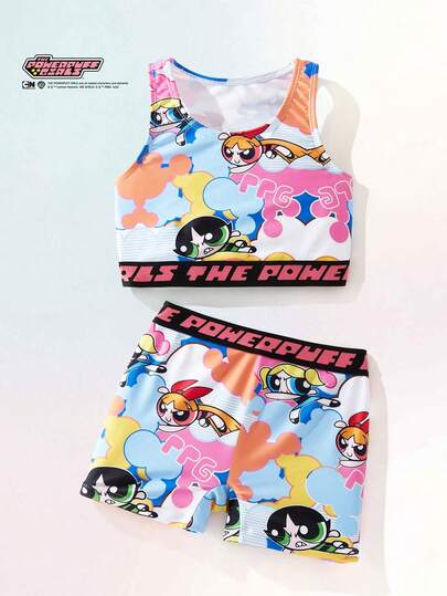 THE POWERPUFF GIRLS X SHEIN Maija Kids Bộ đồ bơi 2 món in chữ hoạt hình cho bé gái, thích hợp cho mùa xuân/hè.