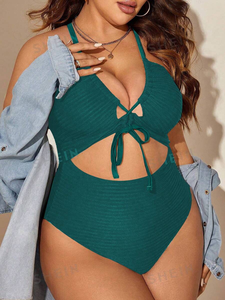 SHEIN Unity Plus Size Solid Color Minimalist One-Piece Swimsuit Gym Summer - Teal Blue - View 1
