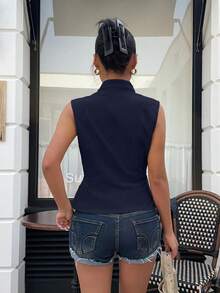 Muchica Navy Blue Sleeveless T-Shirt For Women - Navy Blue - View 2