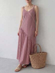 EMERY ROSE Women's Summer Casual French Holiday Style Colorblock Red And White Striped Print Loose Long Camisole Dress, Summer Dresses For Women And, Vacation - Red and White - View 3