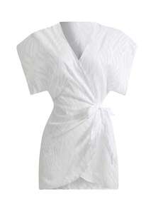 Swim Lushoire 1件装 女士夏季度假雪纺叶子花卉印花和服罩衫 - 白色 - 查看 6