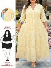 SHEIN CURVE+ 大码女式碎花喇叭袖荷叶边沙滩连衣裙度假装女装沙滩度假装，夏季女装，绿白相间长裙，绿色碎花长裙，层叠长裙，秋季女装，学生装，乡村风女装，教师装，秋季女装，秋季女装，休闲女装 - 鵝黃色 - 查看 8